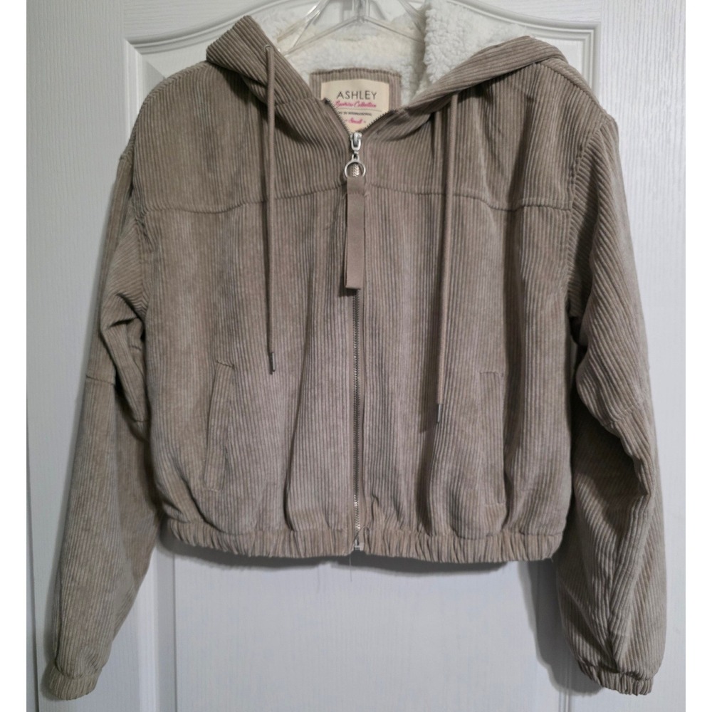 Ashley by 26 International Corduroy Sherpa Lined Hooded Jacket Womens S Tan